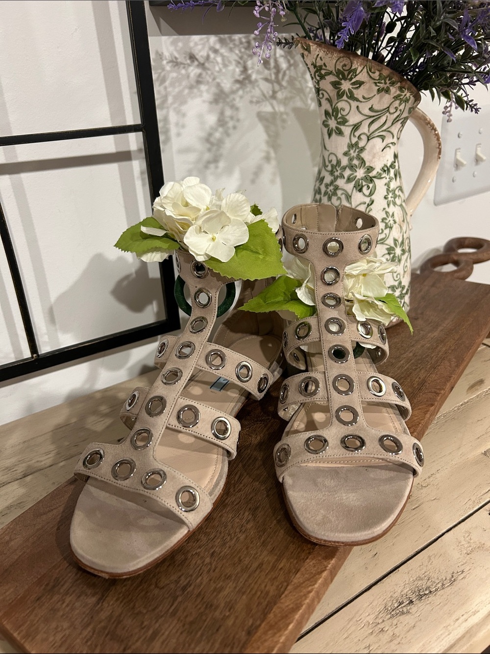 Prada Beige Gladiator Sandals with Silver Eyelets
